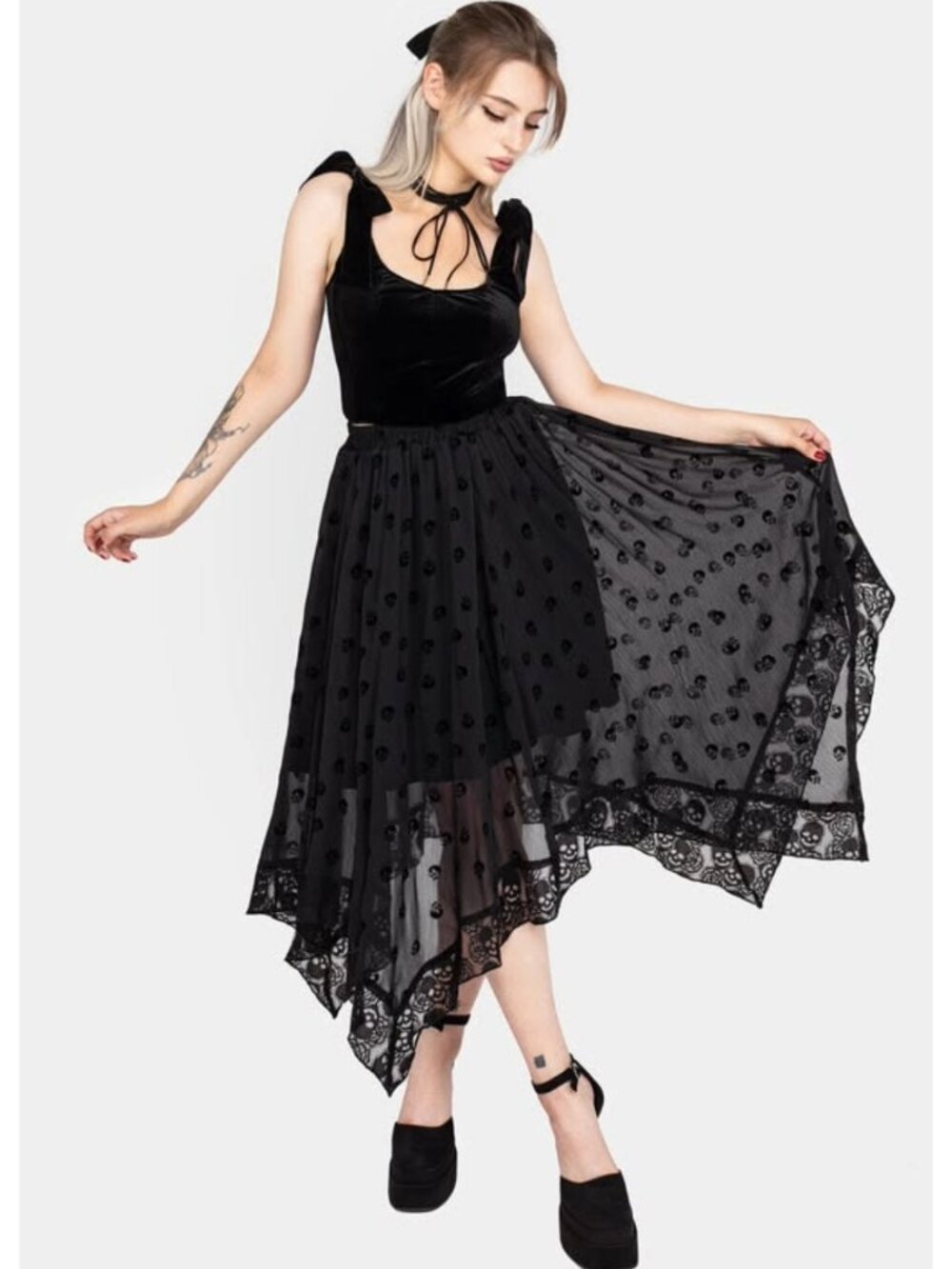DISTURBIA Bones flocked chiffon midaxi hankerchief hem skirt US16